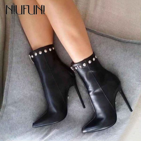 

niufuni 2020 new women's ankle boots pu leather 12cm high heels fashion rivets zip black shoes woman pointed toe thin heel botas