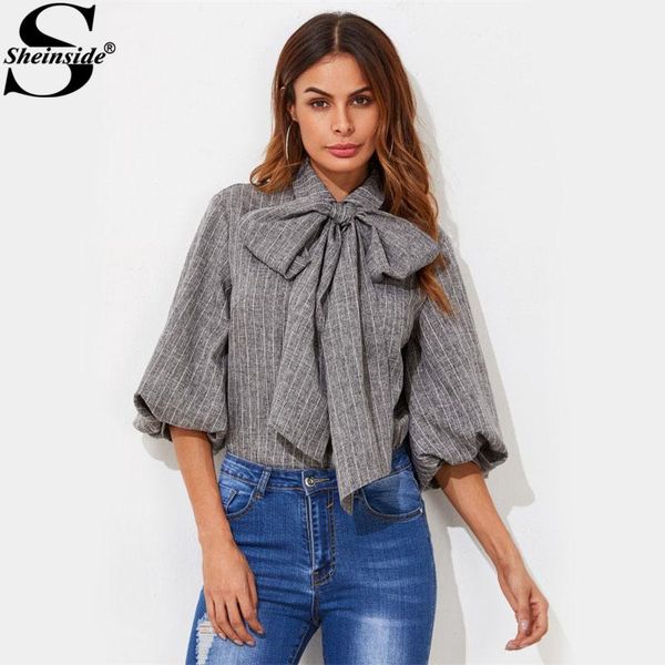 

sheinside преувеличен фонарь рукав tied шея лук полосатого блуза +2017 женщина моды серая группа воротник половина рукав повседневной блузка, White