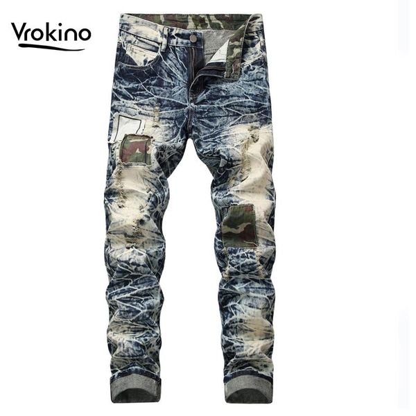 

vrokino brand 2019 new patchwork men's fashion jeans men's casual slim design teared distressed denim jeans 38 40 42, Blue