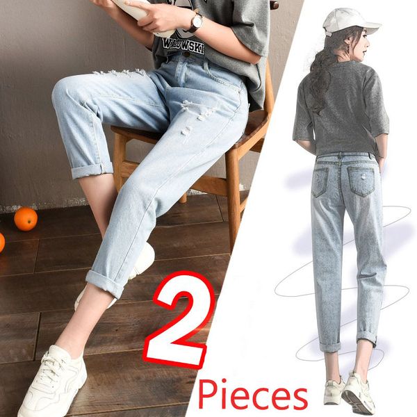 

4 colors 2 pieces women jeans high waist ripped denim trousers ankle-length washed jean harem pants fashion vintage streetwear, Blue