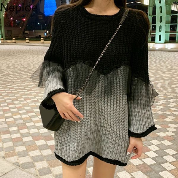 

neploe design mesh patch sueter mujer loose crazy style contrast color pullover sweater autumn winter clothes pull femme 48103, White;black