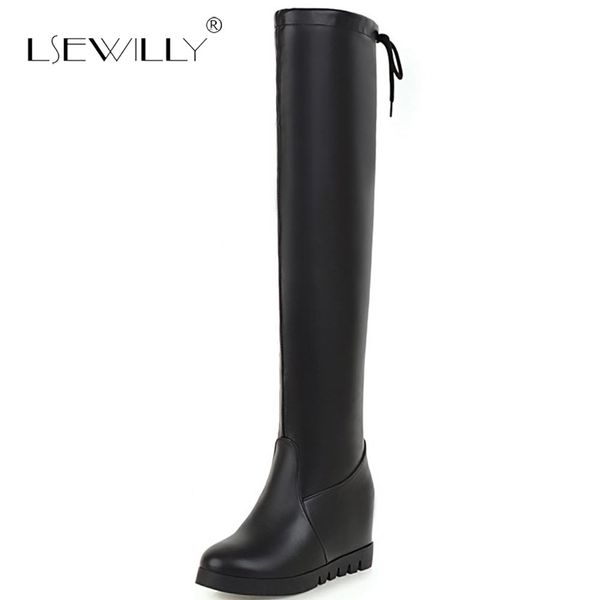 

lsewilly сексуальных женщин клинья над коленом сапоги на высоком каблуке платформа boots скольжения на зимней обуви женщина s857, Black