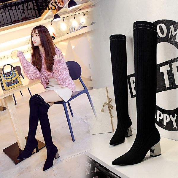 

knitting socks boots shoes thigh high boots thick heel bigtree shoes overknee chaussures femme cuissardes femme chaussure, Black