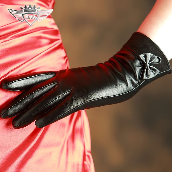 

klss brand genuine leather women gloves goatskin gloves elegant bow knot black lady sheepskin glove trend 903, Blue;gray
