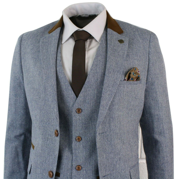 

2020 handsome mens suits 3 piece herringbone tweed costume homme light blue sky brown slim fit vintage retro suit, White;black