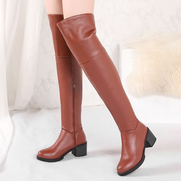 

sarairis 2020 new arrivals design chunky heels over the knee boots woman shoes zip up concise shoes women boots, Black