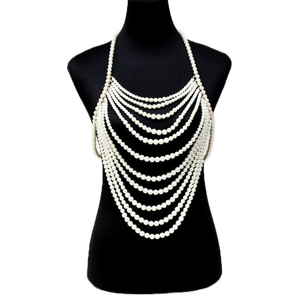 

fashion jewelry statement pearl beads armor shoulder body chain harness necklace initial necklace layered pearl harajuku, Silver