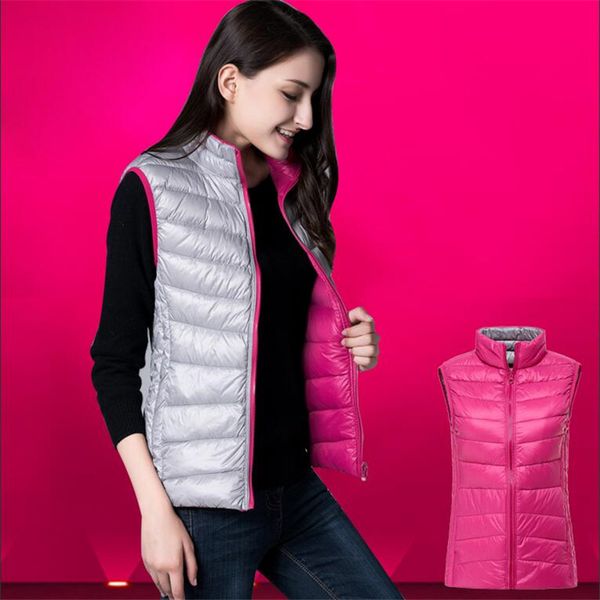 

women's duck down reversible vests stand collar sleeveless quilted female jackets 2019 autumn winter warm waistcoat ladies, Black