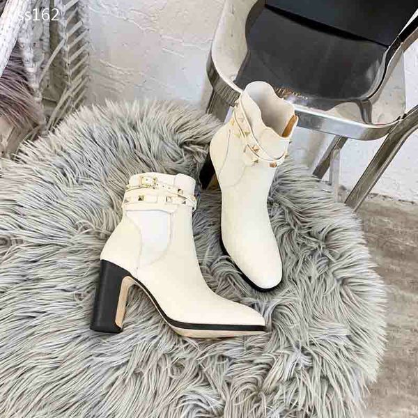 

british style 2019 autumn new thick heel rivet leather high heel women boots fashion short boots classic calfskin booties martin boots, Black