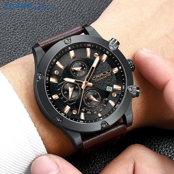 

crrju brand men's sport watch leather waterproof wristwatch men watches date luxury relogio masculino horloges mannen, Slivery;brown