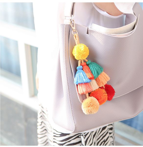 

handmade creative pendant colorful bohemian style tassel accessories bag pendant hair ball key chain female jewelry, Silver