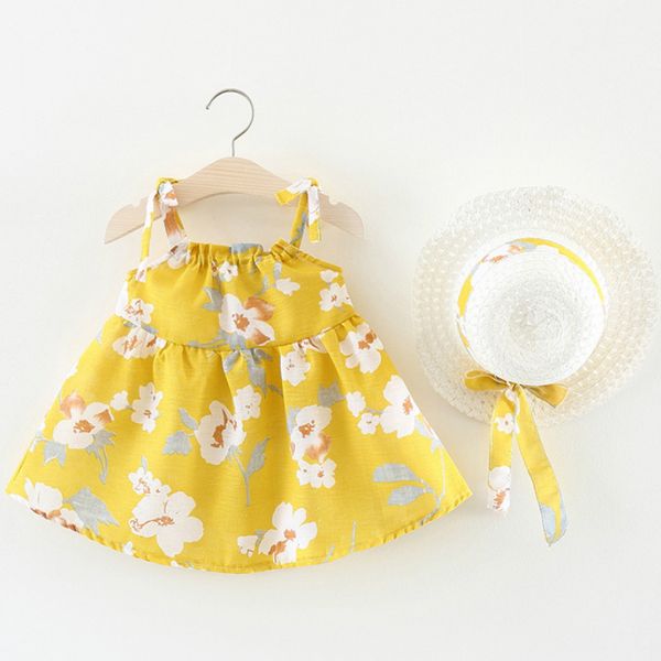 

2020 children clothing summer new girls dress straw hat+dresses strap flower print princess dress cool lovely baby 6-18m, Red;yellow
