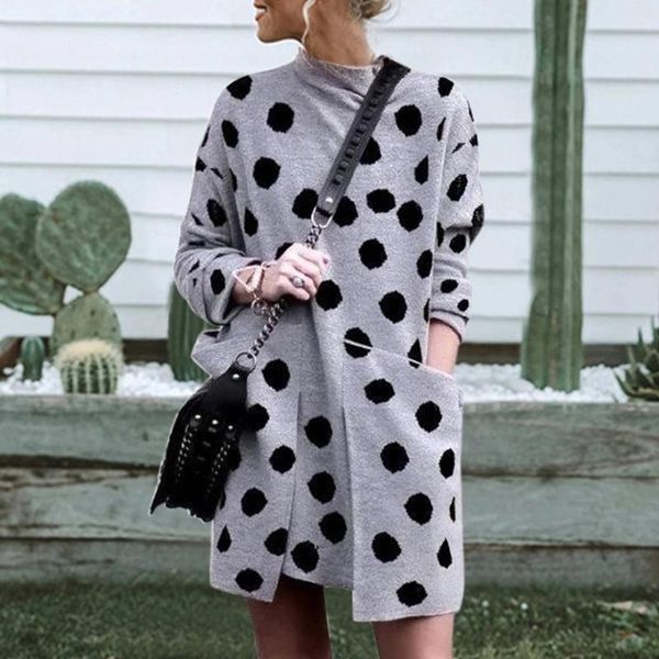 

women dress o neck wave point digital print long sleeve pocket casual mini dress fashion female autumn winter m840#, Black;gray