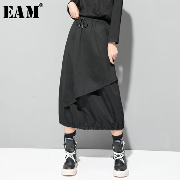 

eam] high elastic waist black drawstring split joint temperament half-body skirt women fashion new spring autumn 2020 1d732