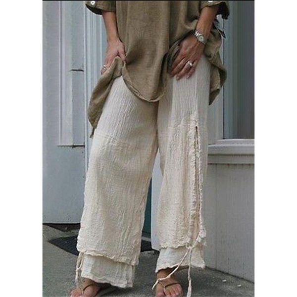 

calofe 5xl chic сыпучие хлопок льняные штаны женщины мягкие шаровары дышащий длинные корейский досуг wide leg plus size, Black;white