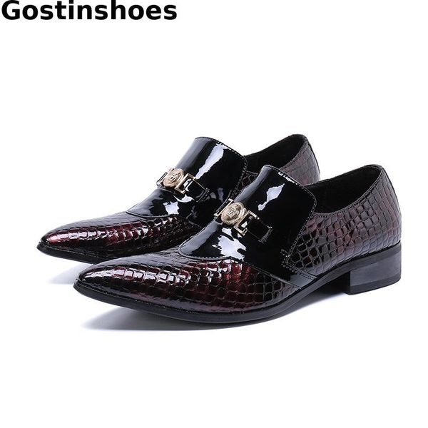 

plaid genuine leather wine red black men casual leather shoes pointed toe slip-on men leisure shoes wedding party daily wear