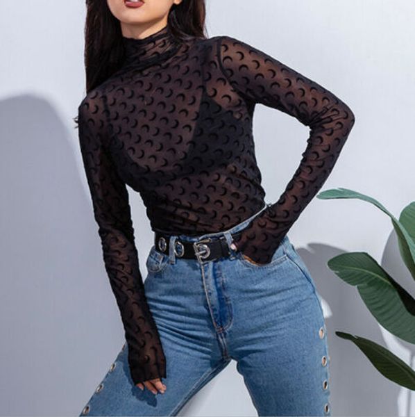 

women transparent blouse high neck mesh sheer shirt blusas slim women see through tees pullover, White