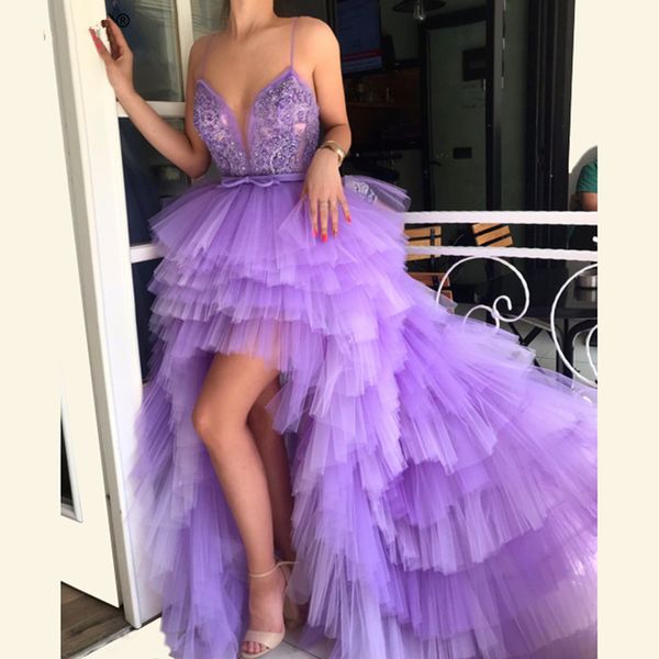 Lavanda Muçulmano Vestidos de baile 2019 A linha de babados em tule Rendas Pérolas Oi Baixo Islâmico Dubai Saudita Árabe Longo Formal Vestido de Noite