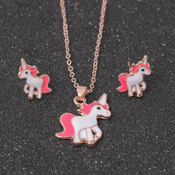 Schmuckset Kette Kinder Frauen Schmuck Cartoon Pferd Einhorn Halskette Ohrring Sets Beste Geschenke Party Schmuck Sets