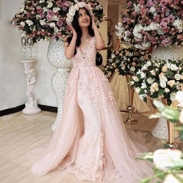 Blush rosa Mermaid Overskirt Prom Vestidos com trem destacável Lace Floral Sheer Neck Romantic Evening Vestidos Vestido de festa