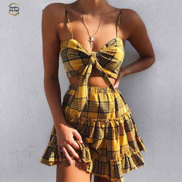 

yellow plaid 2 piece set women summer ruched ruffles elastic waist skirt and bow crop new style woman set, White