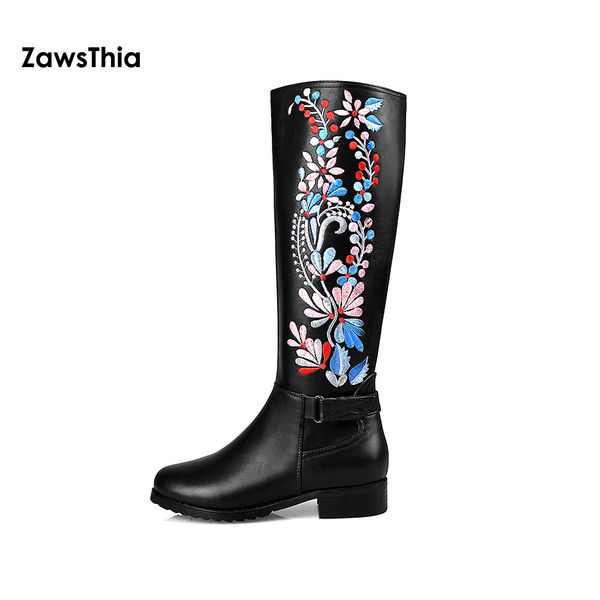 

zawsthia mid calf boots genuine leather boots spring winter cow suede embroidery embroider women shoes big size 41 42 43, Black