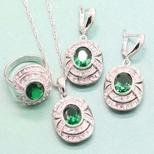 

eiolzj green semi-precious stone sterling silver 925 jewelry sets for women necklace ring dangle earrings jewelry box