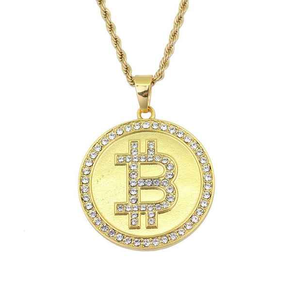 

hip hop bitcoin diamonds pendant necklaces for men alloy rhinestones dog tag luxury necklace stainless steel cuban chains fashion jewelry, Silver