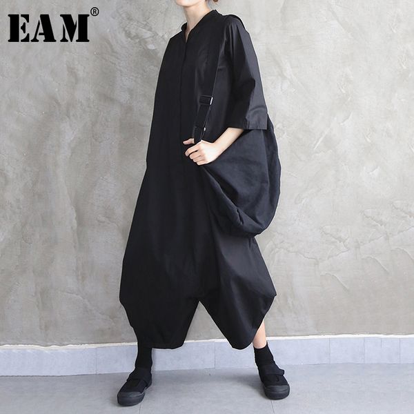 

eam] сыпучие fit black split long wide leg женщины комбинезон новая высокая талия карман стежка брюки мода весна осень 2020 1n642, Black;white
