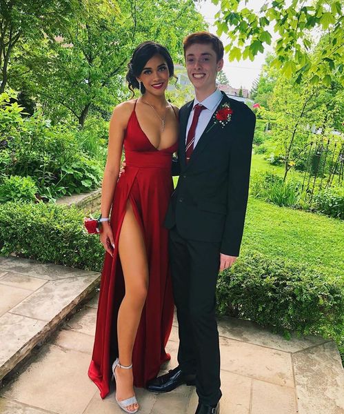 

deep v-neck long red evening dresses with slit plus size robe de soiree floor length abendklieder prom gowns vestido de festa, Black;red