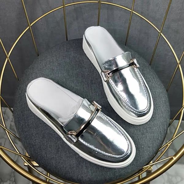 

2020 new arrival women's fashion slides flats shoe office lady casual black silver white half slippers lady flat shoe toe size 35-40#m2