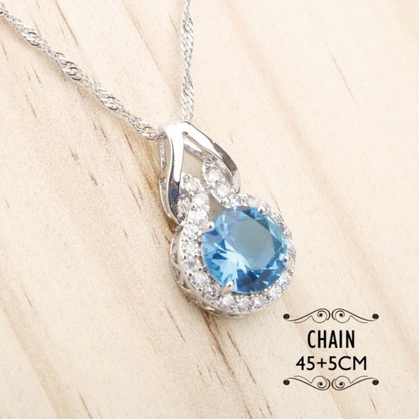 

925 silver women jewelry light blue stones round shaped pendant necklace for party