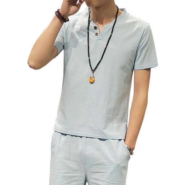 

missky 2019 new men summer suits solid color cotton linen v-neck t-shirt +shorts soft breathable suit male clothes, Gray