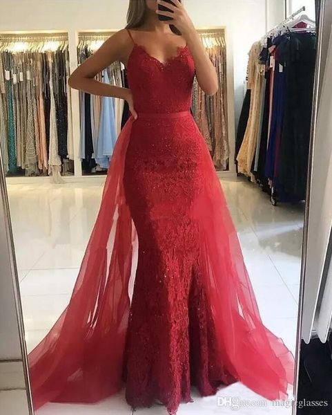 

2019 beaded crystal lace mermaid long prom dresses spaghetti straps formal evening gowns detachable train women's party celebrity dress, Black