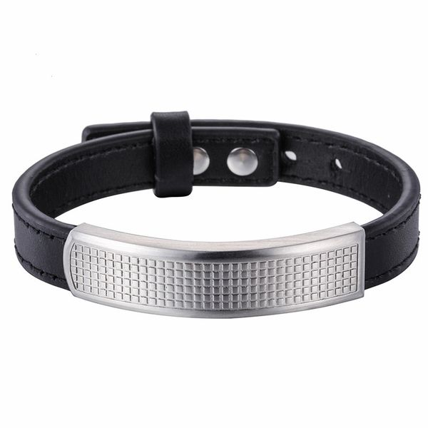 

men's adjustable leather bracelet classic stainless steel silver-color grid charm bracelet bangle jewelry male accessories, Golden;silver