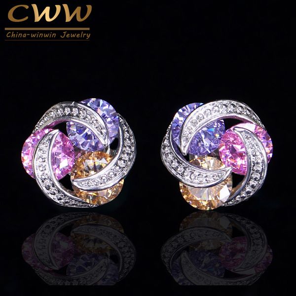 

cwwzircons cz ear jewelry geometric revolving multi color cubic zirconia cute women stud earrings christmas gift cz312, Golden;silver