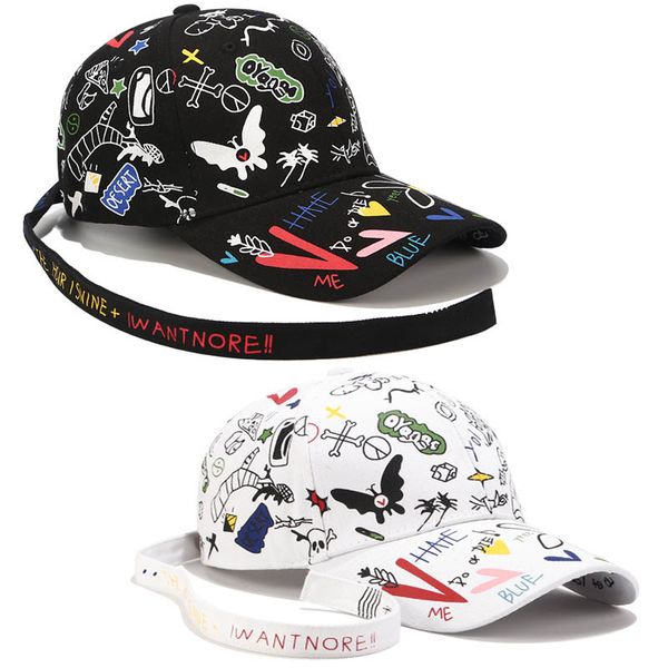 

new cap white graffiti baseball cap men and women new style long belt caps spring and summer printed hip hop cap, Blue;gray