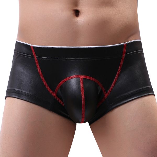 

men imitation leather boxershorts mens pu leather u convex pouch boxers male panties underwear shorts, Black;white