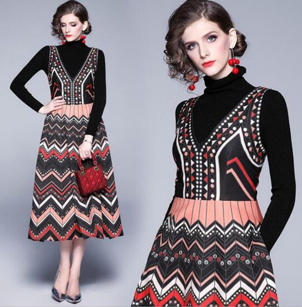 

autumn and winter turtleneck sweater sleeveless long skirt two-piece suit, White