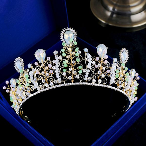

new fashion color crystal beaded crown baroque bride headdress ornaments and king crown wedding jewelry, Golden;white
