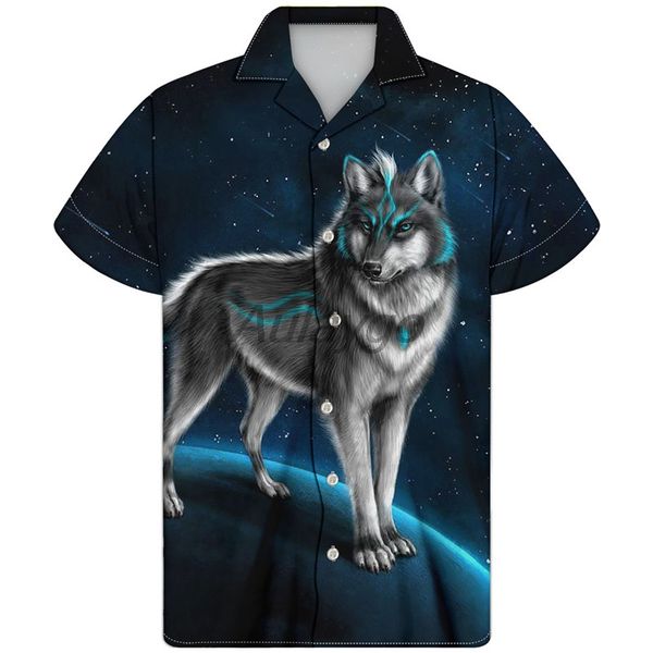 

mens short sleeve casual beach hawaiian shirt wolf print loose thin cuban guayabera shirt 2020 fashion clothing hemden herren, White;black