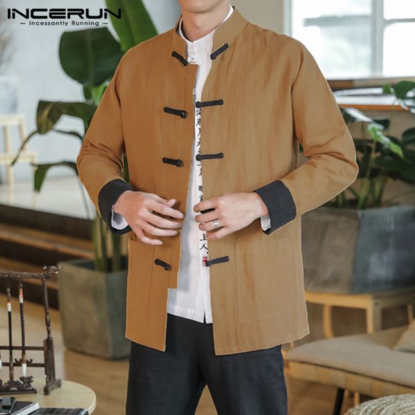 

incerun 2019 chinese traditional shirt men cotton tang suit button vintage long sleeve patchwork casual shirts, White;black
