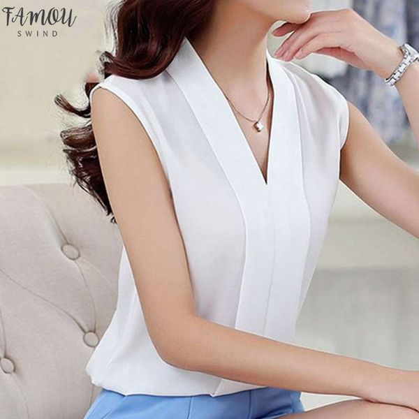 

new 2020 summer women chiffon blouses sleeveless v neck casual loose office lady female shirt blouse w13, White
