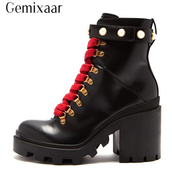 

fashion autumn genuine leather ankle boots women square thick heel platform boots cross-tied pearl short booties, Black