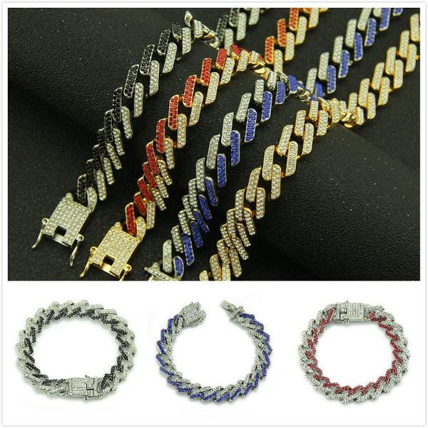 

6 цветов 13мм новая мода красный синий красочные bling алмазный мужские кубинский link chain браслет hip hop gold серебряные цепи ювелирные, Black