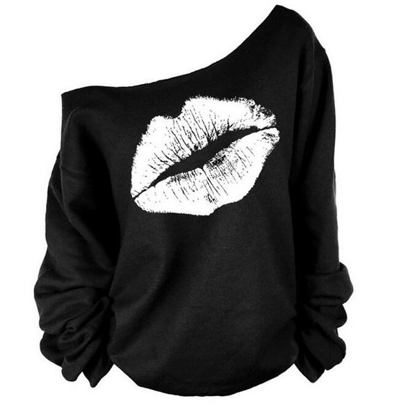 

casual long sleeve t-shirts women clothes t shirt womens lips kiss off the shoulder slouchy tee camisetas mujer, White