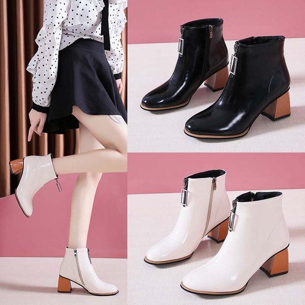 

women leather boots shoes woman zipper boots winter short ankle booties vintage pointed toe high heels botas mujer shoes, Black