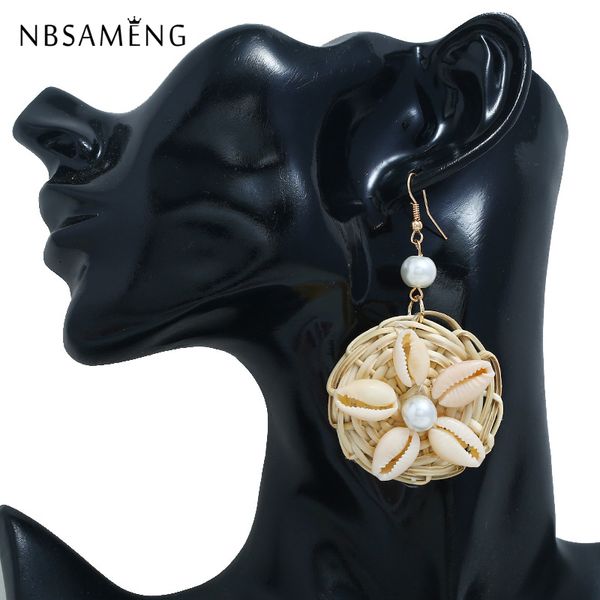 

2019 handmade shell pearl boho geometric drop earrings for women bamboo braid pendant rattan vine knit earing fashion jewelry, Silver