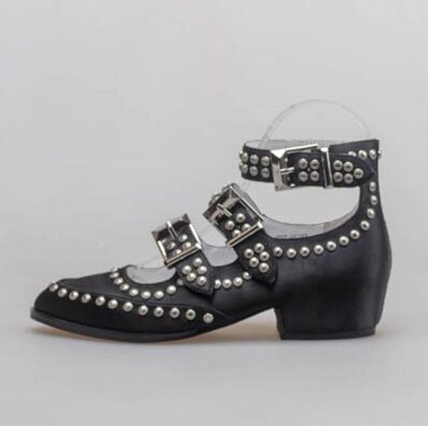 

woman genuine leather 3.5cm jeffrey shoes pointed-toe studs rivets buckles fashion new release satin campbell pumps shoes, Black