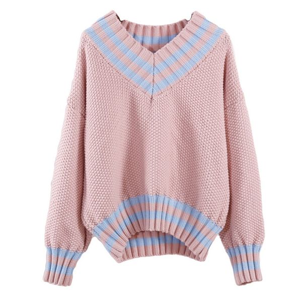 

autumn winter female pullovers v neck casual long sleeve fashion sweet loose sweater for women warm knitted jumper #2019.8.5, White;black